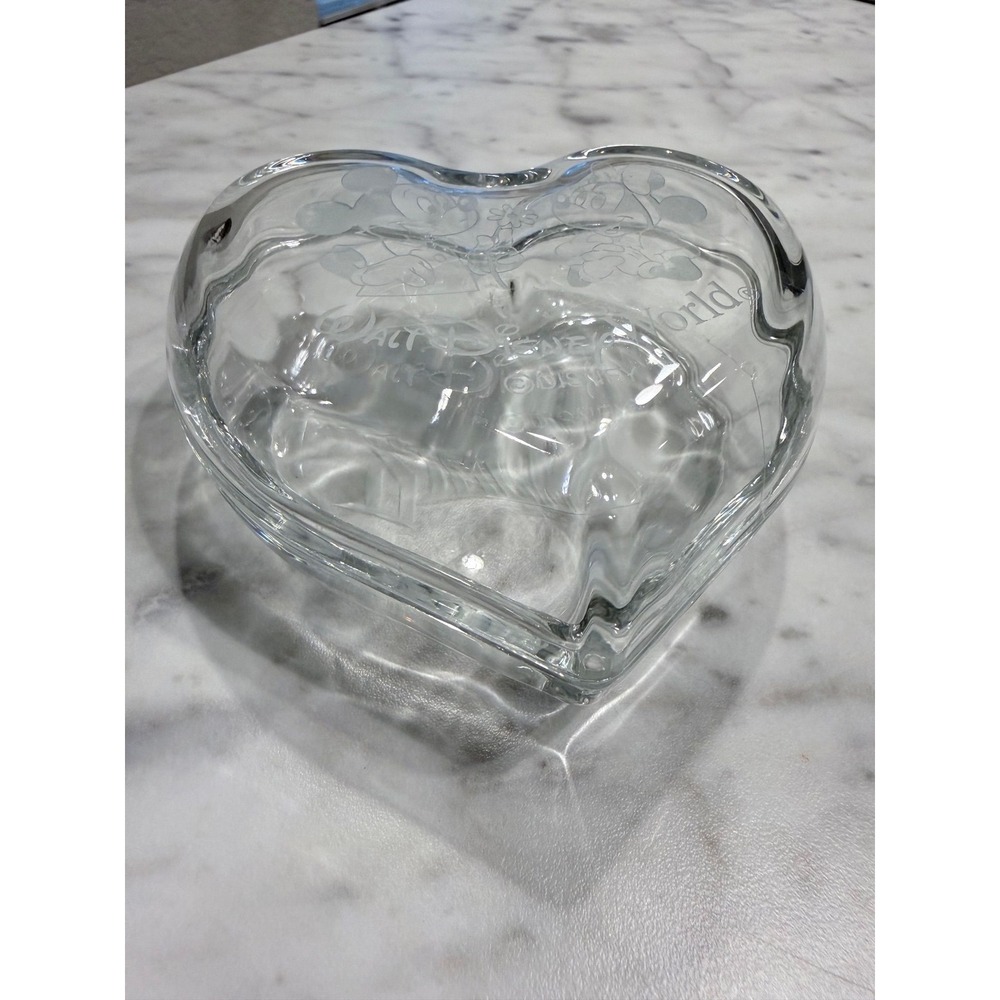 Walt Disney World Mickey Minnie Mouse Heart Glass Trinket Dish Simone Etched